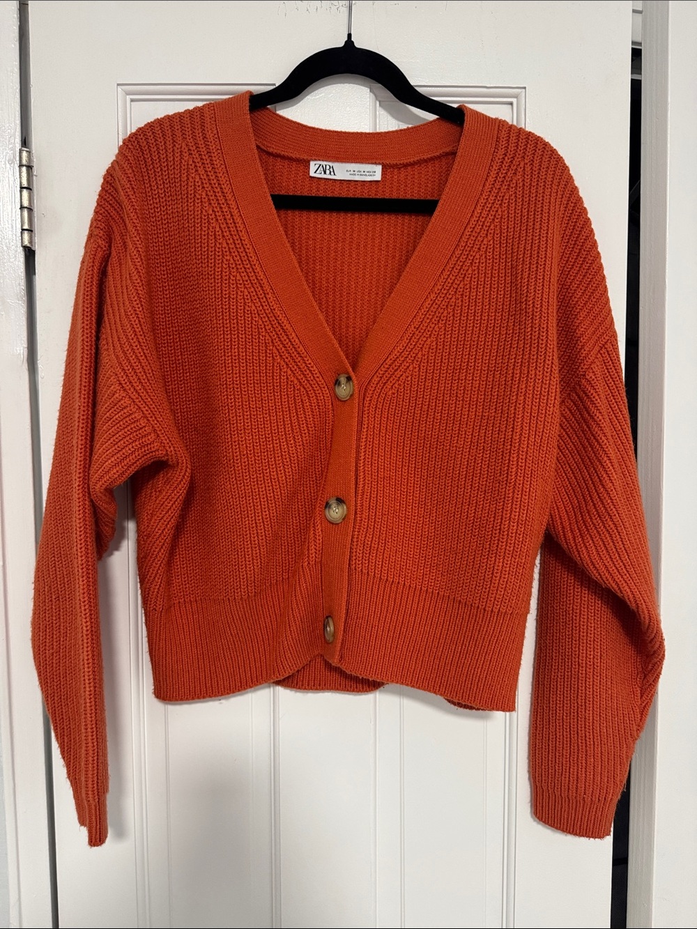 ZARA Orange Ribbed V-Neck Button Cardigan